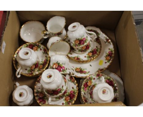 A TRAY OF ROYAL ALBERT OLD COUNTRY ROSES CHINA TO INCLUDE CUPS AND SAUCERS, MILK JUG, SUGAR BOWL ETC. 