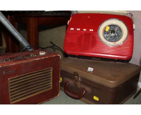 A VINTAGE HACKER RADIO TOGETHER WITH A BUSH EXAMPLE AND HANDYGRAM RECORD PLAYER