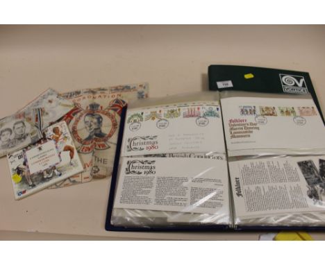TWO FOLDERS OF FIRST DAY COVERS, TOGETHER WITH COMMEMORATIVE HANDKERCHIEFS ETC/. 