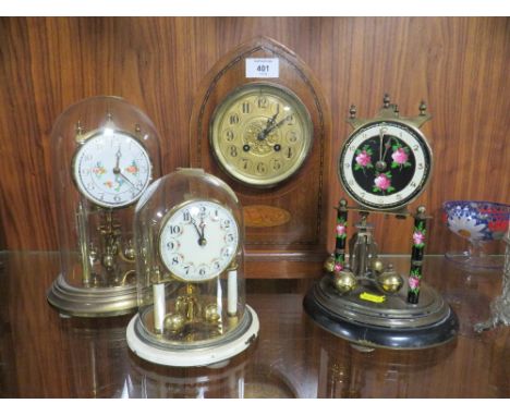 A VINTAGE MAHOGANY LANCET CLOCK TOGETHER WITH THREE ANNIVERSARY CLOCKS
