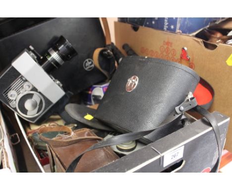 A TRAY OF BINOCULARS, VINTAGE CAMERA ETC.