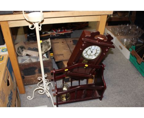 A WESTFIELD REPRODUCTION WALL CLOCK TOGETHER WITH A GLASS DOMED CLOCK, MAGAZINE RACK AND A STAND (4)