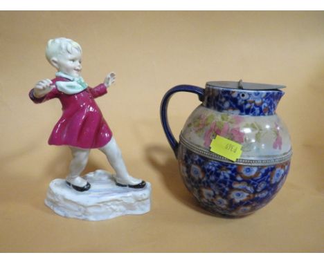 A VINTAGE FLORAL WEDGWOOD JUG WITH SILVER PLATED LID TOGETHER WITH A ROYAL WORCESTER F.G. DOUGHTY JANUARY FIGURE 3452 (2)