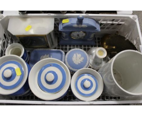 A BOX OF CERAMICS TO INCLUDE T.G. GREEN STORAGE JARS, WEDGWOOD JASPERWARE CLOCK ETC. 