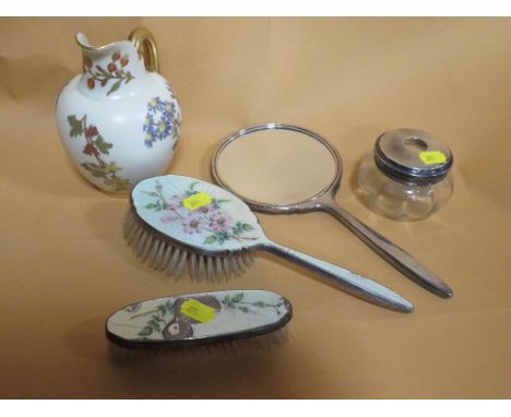 A ROYAL WORCESTER BLUSH IVORY JUG A/F TOGETHER WITH A COLLECTION OF ENAMELLED DRESSING TABLE ITEMS A/F