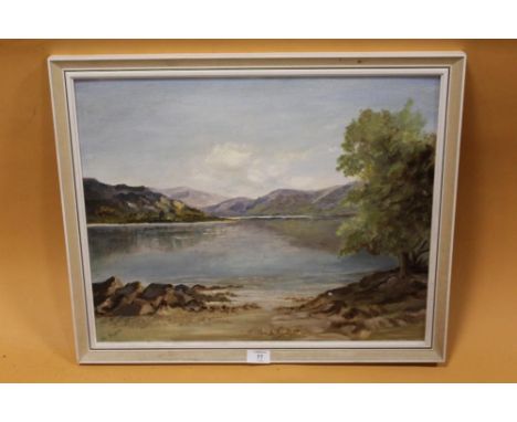 A FRAMED OIL ON BOARD OF A MOUNTAINOUS LAKE SCENE SIGNED R BAYFIELD