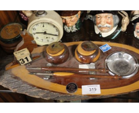 A MARALINGA WOODEN DESK TIDY TOGETHER WITH VINTAGE ALARM CLOCK AND A 40 YEAR CALENDAR (3)