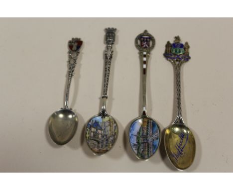 FOUR SILVER AND ENAMEL TEASPOONS