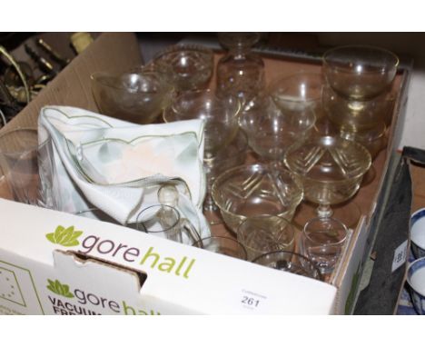 A TRAY OF VINTAGE GLASSWARE 