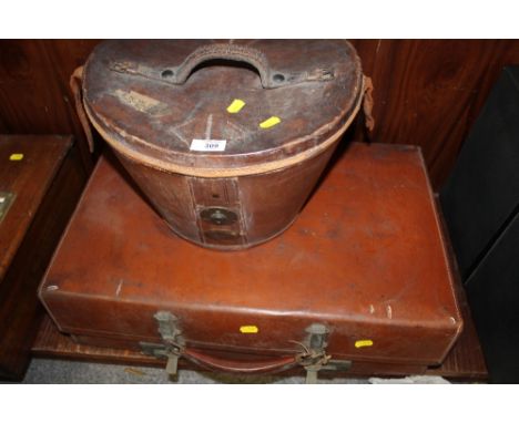 A VINTAGE REVELATION LEATHER SUITCASE TOGETHER WITH A LEATHER HAT BOX