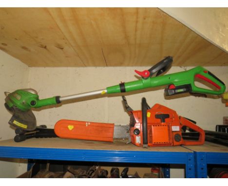 A HUSQVARNA CHAINSAW TOGETHER WITH A CORDLESS STRIMMER