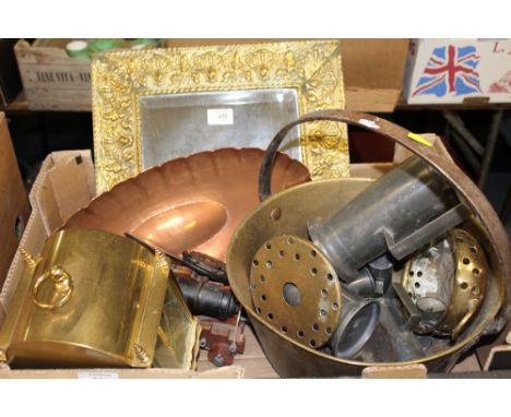 TWO TRAYS OF ASSORTED METALWARE TO INCLUDE A BP OIL CAN, BRASS JAM PAN, MIRROR ETC.