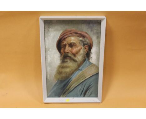 A VINTAGE FRAMED OIL ON BOARD PORTRAIT STUDY OF A BEARDED GENTLEMAN IN A RED HAT SIGNED ROSSI LOWER LEFT 
