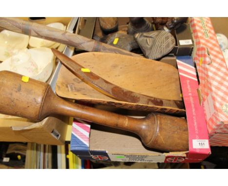 AN ABORIGINAL TREEN BLOWPIPE, BOOMERANG AND COOLMAN BOWL, TOGETHER WITH A POLYNESIAN DOUBLE POUNDER TOOL 