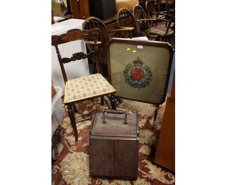 A VINTAGE GLASS FIRESCREEN, COAL BOX AND BEDROOM CHAIR (3)