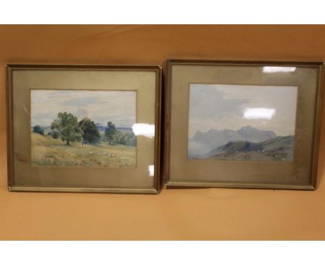 A PAIR OF FRAMED AND GLAZED WATERCOLOURS OF COUNTRY LANDSCAPES WITH SHEEP, SIGNED H R WILKINSON
