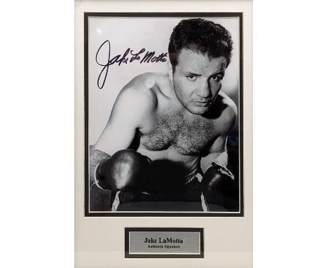 Jake LaMotta signed Photographic print framed and mounted. 40 x 30cm total size. with COA to reverse