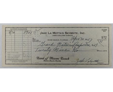 Boxer "Jake La Motta"  Signed Cheque, April 30th, 1957 C5th King Memorabilia certificate of Authenticity included - 801496 