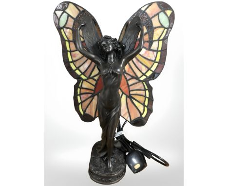 A TIffany style bronze effect table lamp, modelled as an angel, height 40 cm 