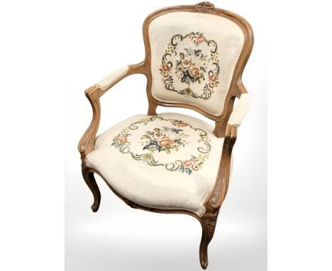 A continental walnut tapestry armchair, width 60 cm 