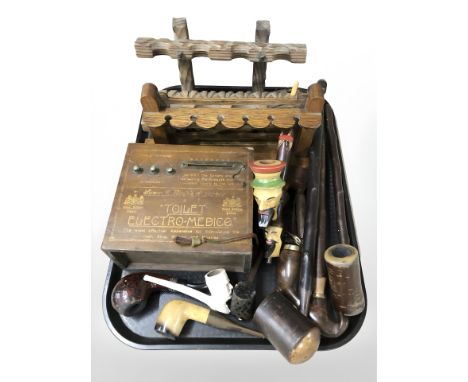 An antique Electro-Medico box, collection of pipes and pipe racks. 
