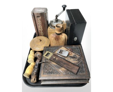 A coffee grinder, Russian dolls, rustic cork screws and bottle openers, wooden boxes etc 