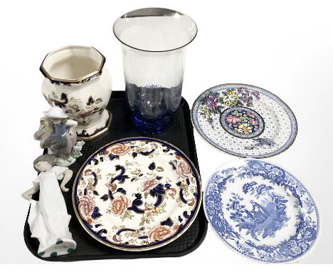 A Mason's Blue Mandalay octagonal planter, mottled blue glass vase, Nao and Lladro figurines, two Mason's plates and Spode bl