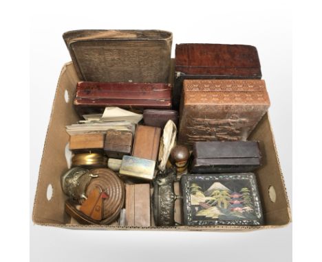 Miscellaneous trinket and table boxes, Russian doll, antique postcards, wooden cork screw in the form of  sail boat, etc 