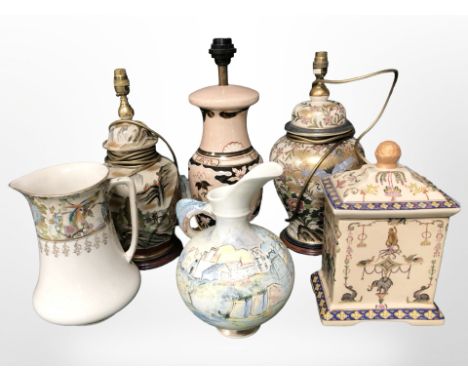 A group of earthen ware lamp bases, lidded vessel etc 
