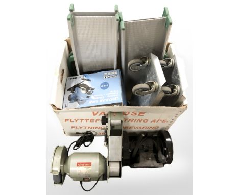A group of tools and hardware, boxed circular saw, two bench grinders, access ramps etc (Continental plugs 1 box)