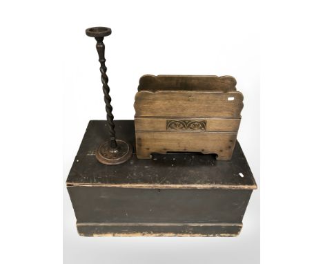 A 20th century oak magazine rack together with a barley twist stand and an antique trunk.