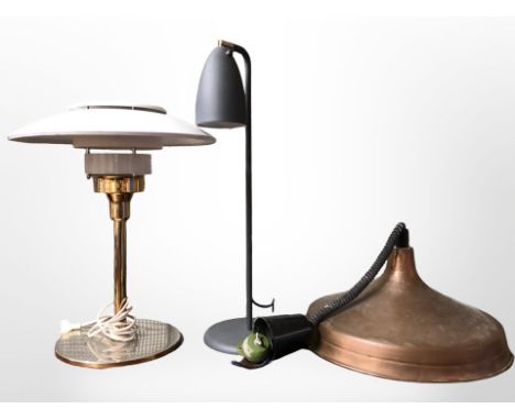 A 20th century metal copper effect ceiling light and two table lamps 