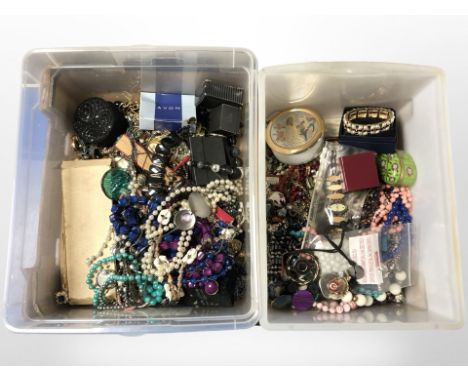 Assorted costume bead necklaces, trinket boxes, hand fan etc 