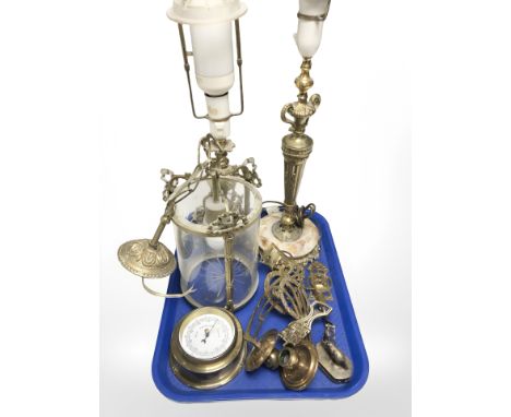 A brass cased ship's style barometer, wall sconces, two lamp bases, etched glass light fitting etc 