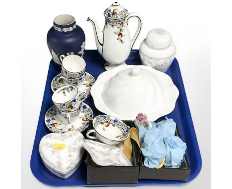 A Royal Doulton Art Deco part coffee service, Tunstall Jasperware vase, Coalport porcelain dish and cover, Coalport Trellis R