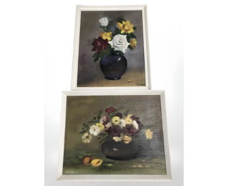R. Webb (20th century) Still life studies of flowers, oil on canvas laid to board, largest 28 cm x 36 cm.