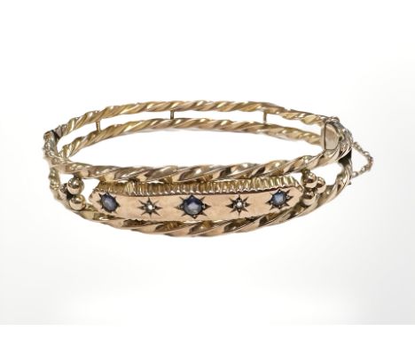 A Victorian 9ct rose gold sapphire and diamond bangle, inner width 6cm CONDITION REPORT: 9.2