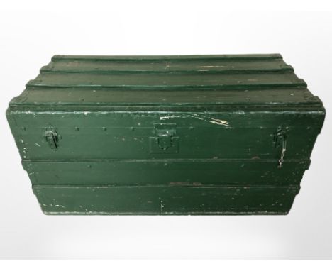 A vintage painted wooden bound trunk, width 100 cm.