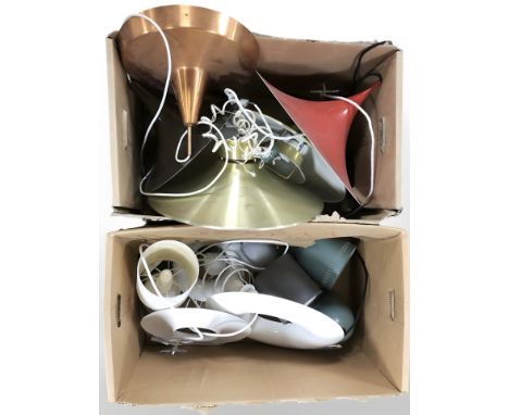 A quantity of Scandinavian conical pendant light fittings, table lamps etc (Continental plugs 2 boxes)