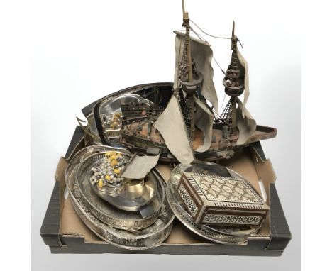 A model galleon, silver plated serving platters, Indian mother of pearl inlaid trinket box, EPNS cigarette box, etc. (1 box)