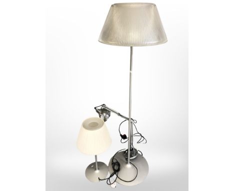 A contemporary floor lamp with glass shade, angle poised lamp and a table lamp 