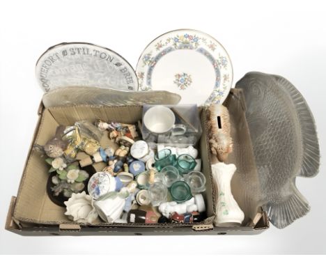 A group of Goebel, Doulton and other figurines, porcelain plates, ceramic money box etc (1 box)