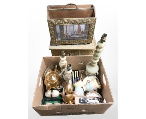 A brass coal bin, mag rack, box of onyx lamp bases, lustre tea china, cutlery and other wares  