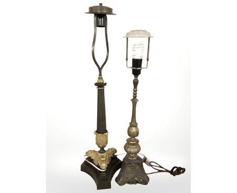 An ormolu mounted table lamp base on paw feet, total height 75 cm and a further table lamp 