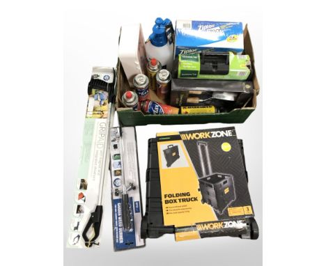 Tools and hardware including Workzone folding box truck, weed burner, gardening tools, pressure sprayer, cordless garden saw,