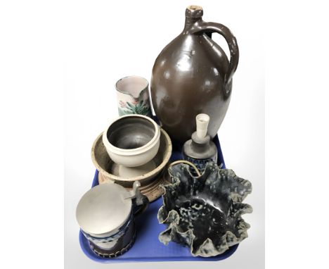 A large earthenware flaggon, pewter lidded Rosenthal mug, lamp base etc 