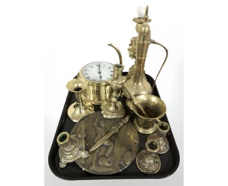 A group of brass ware including Schatz quartz ships circular timepiece, candlesticks, plaque, mortar and pestle, Rococo style