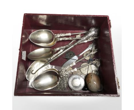 A set of six silver plated Apostle spoons with gilt bowls, silver handled button hook, silver topped Charles Horner hat pin, 