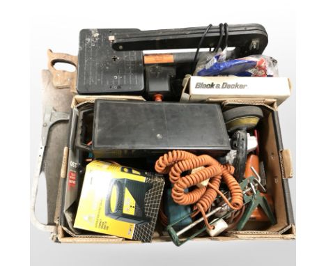 Tools and hard ware including bench saw, sander, battery charger, hand saws etc 