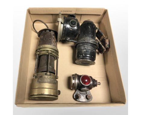 A small steel and brass Patterson type CP miner's lamp, Lucas bicycle lamp and Star light